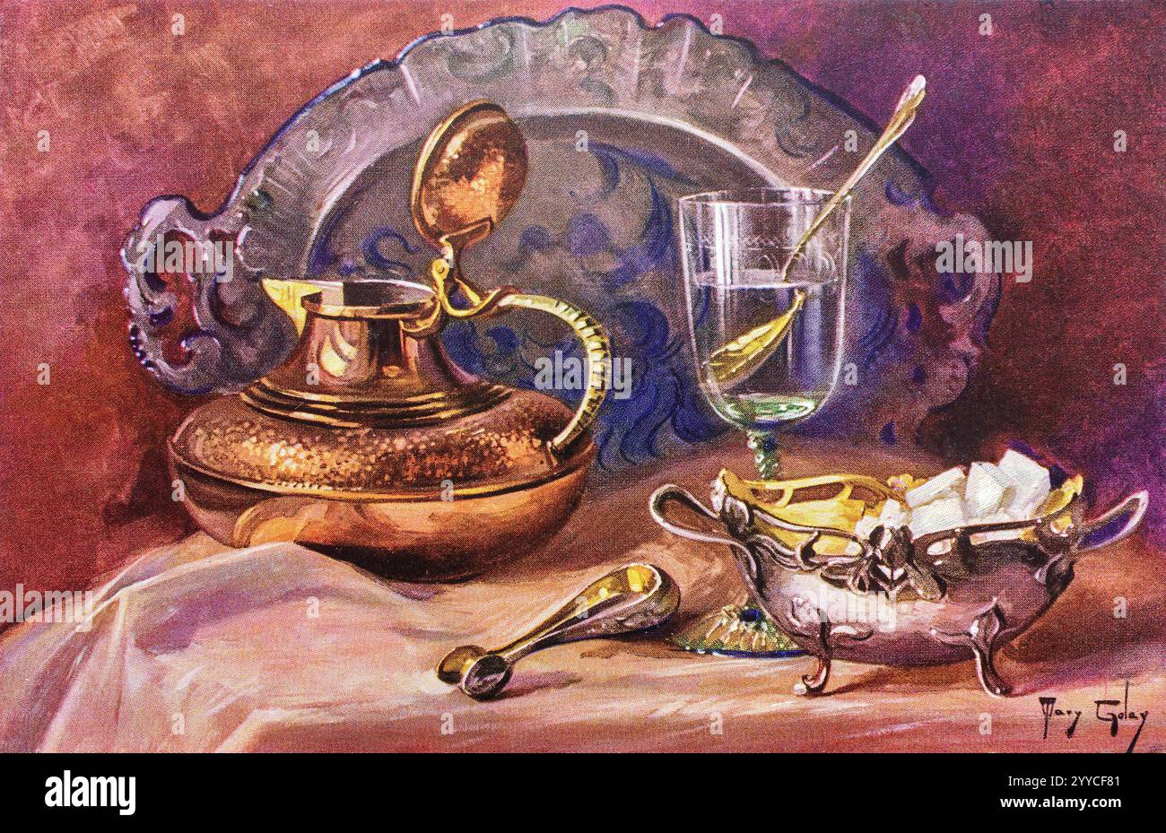 Cartolina vintage 1910-1920 con pittura STILL-Life di una teiera di rame, ciotola e pinze da zucchero d'argento, bicchiere d'acqua e vassoio Foto Stock