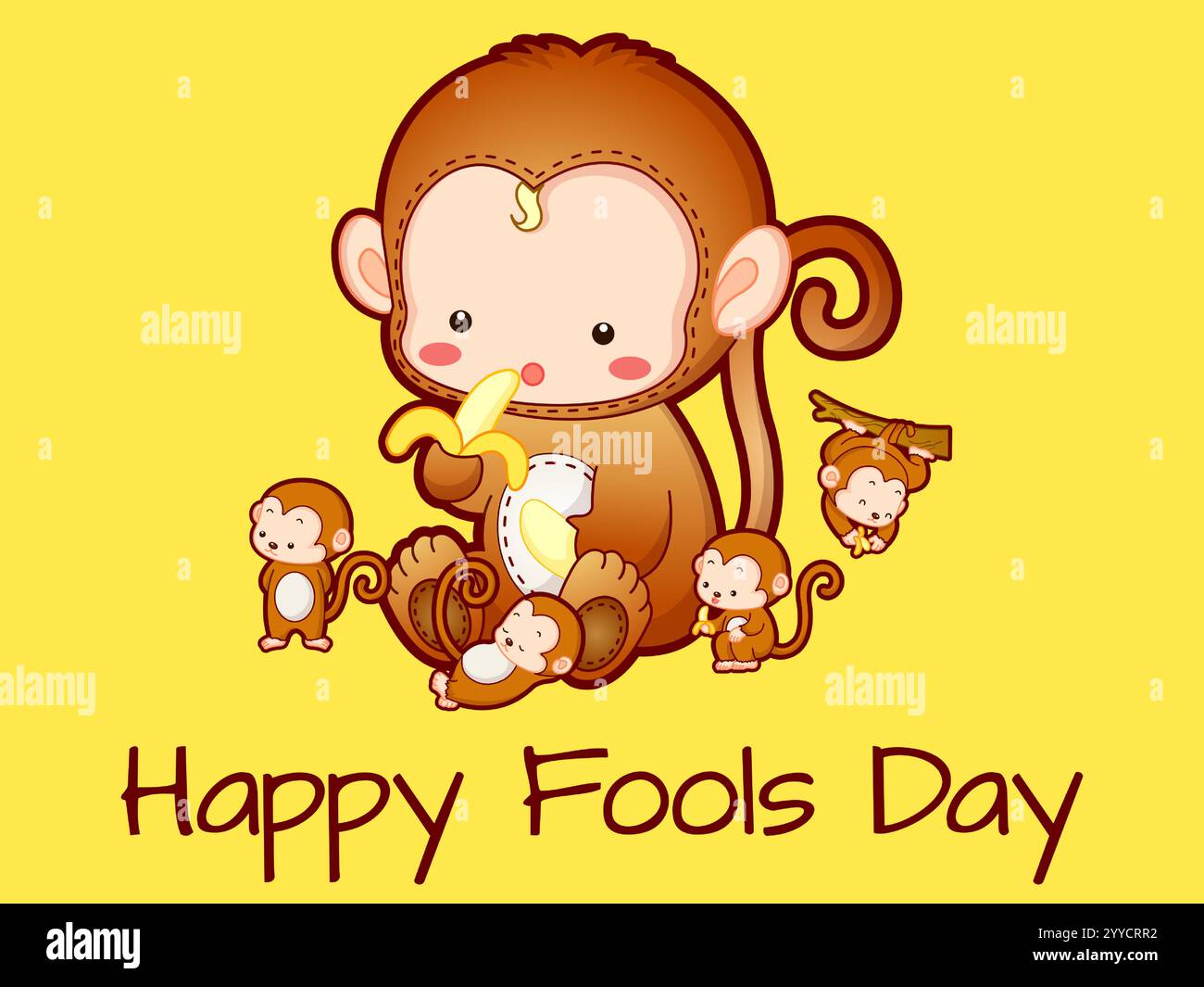 Scimmia cartoni animati che tiene una banana e circondata da altre scimmie. L'immagine è intitolata Happy Fools Day. Giocosa April Fools Day Humour Happiness Joy Biz Illustrazione Vettoriale