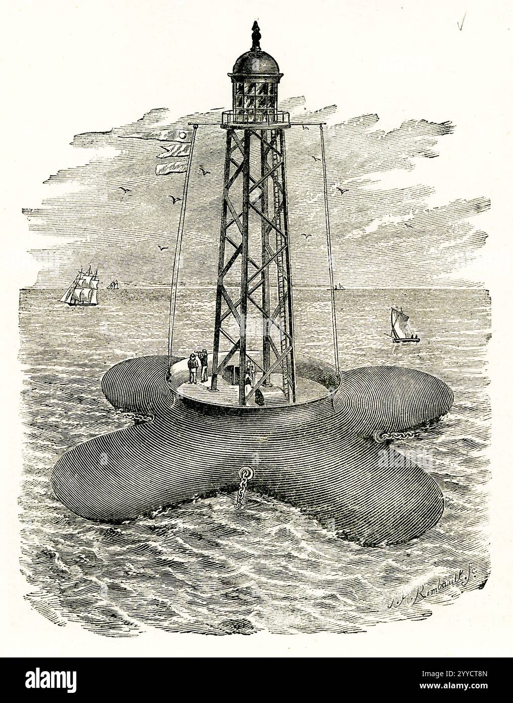 La nave leggera - recentemente inventata in Inghilterra. Questa è costruita con proiezioni a quattro ali, che procedono da un ponte circolare centrale. Il ponte stesso è protetto da un baluardo di ferro, inclinato verso l'alto verso l'esterno. Le aperture vengono fatte attraverso il ponte fino alla cabina sottostante. Un faro galleggiante fornisce luce e altri segnali per guidare le navi nelle acque costiere. La prima nave faro documentata fu in Inghilterra nel 1731. Foto Stock