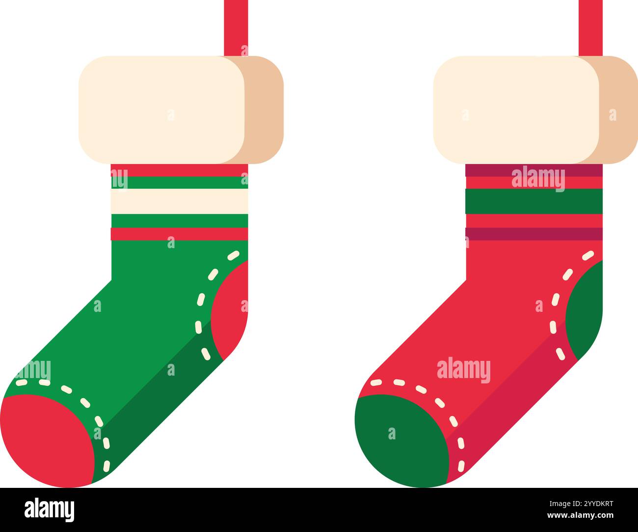 Due calze natalizie vuote appese al caminetto, in attesa che Babbo Natale li riempia di regali deliziosi il mattino di Natale Illustrazione Vettoriale