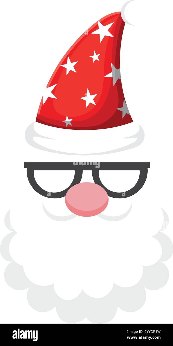 Immagine ravvicinata di Babbo Natale che indossa occhiali e cappello rosso di Natale con stelle bianche, perfetto per biglietti di auguri di Natale o per le vacanze Illustrazione Vettoriale