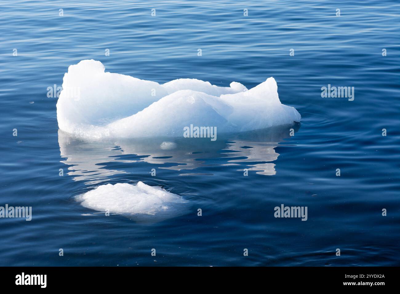 Questo sorprendente primo piano cattura un piccolo iceberg alla deriva nelle limpide e fredde acque della Groenlandia. I contorni intricati e frastagliati dell'iceberg contrastano i beauti Foto Stock