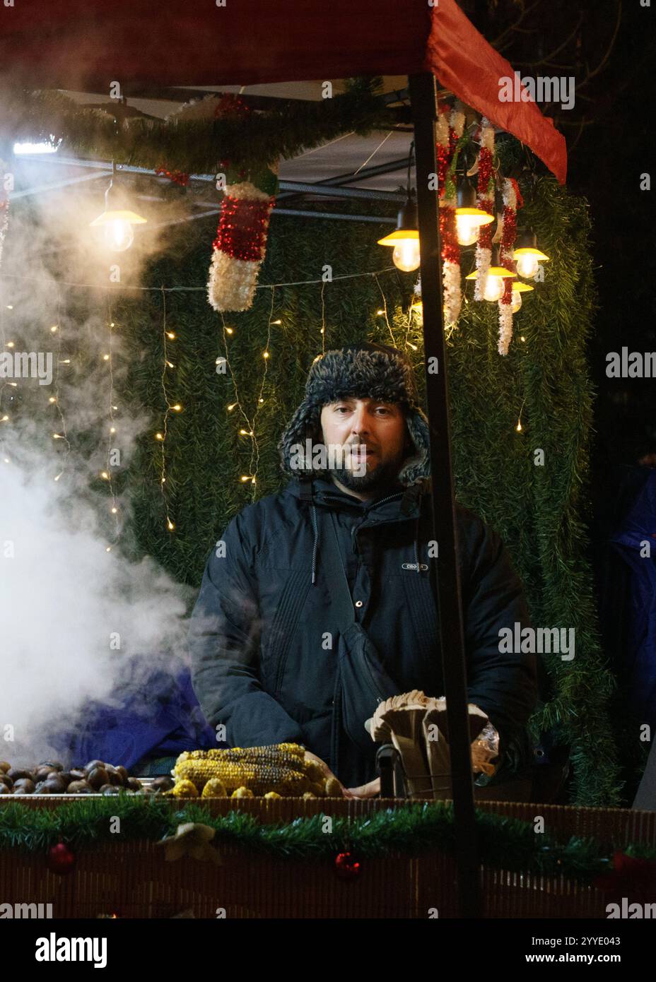 Un venditore festivo al mercato di Natale di Sofia, circondato da decorazioni natalizie, luci da favola e castagne arrostite fumanti. Notte d'inverno. Foto Stock