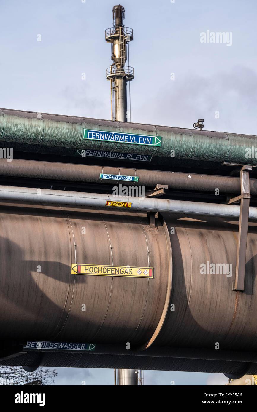 Tubi per teleriscaldamento presso il sito ThyssenKrupp Steel di Duisburg Marxloh, il calore di scarto proveniente dalla produzione di acciaio viene immesso nella rete di teleriscaldamento o Foto Stock