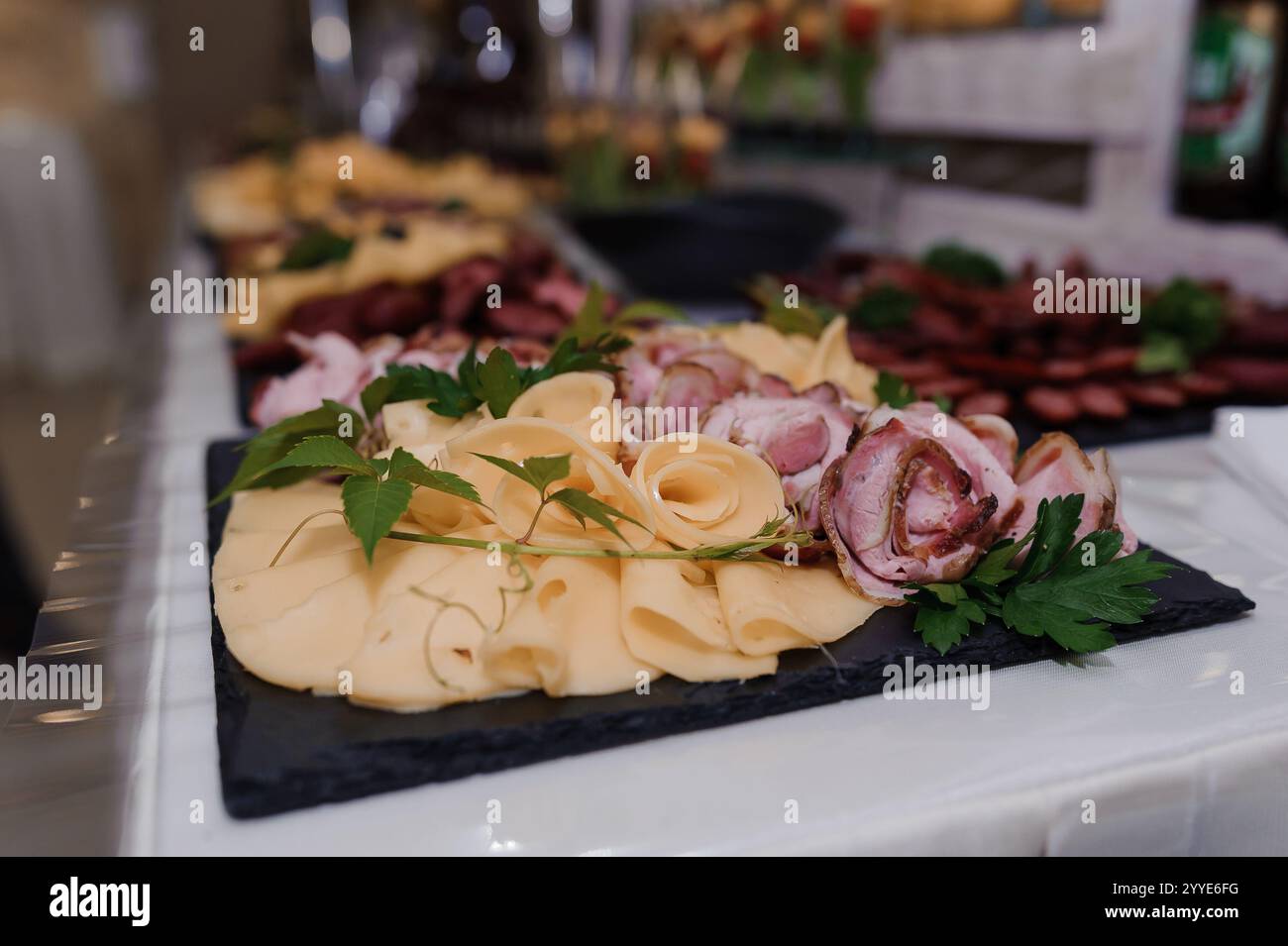 Squisito piatto di carni e formaggi gourmet esposto in un sontuoso evento. Foto Stock