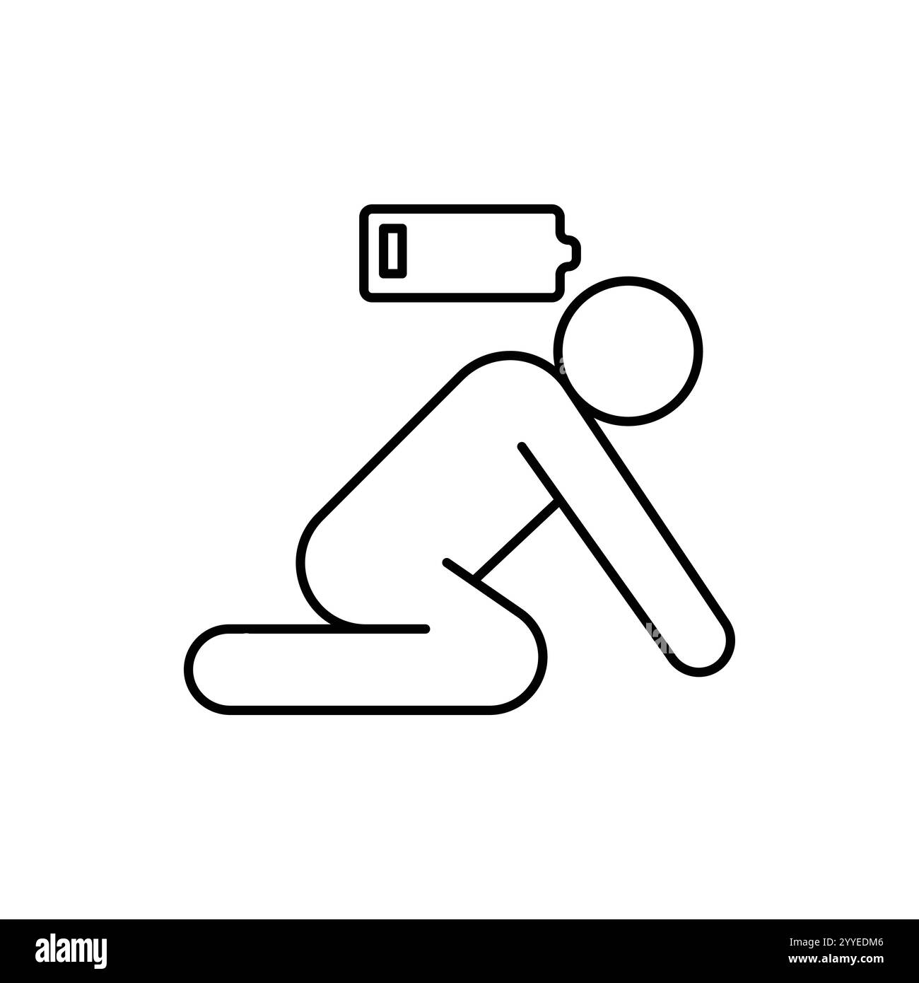 icona della persona stanca, affaticamento o esaurimento, mancanza di energia della batteria, carica insufficiente, esaurimento del luogo di lavoro, sollecitazione, simbolo di linea sottile su sfondo bianco Illustrazione Vettoriale