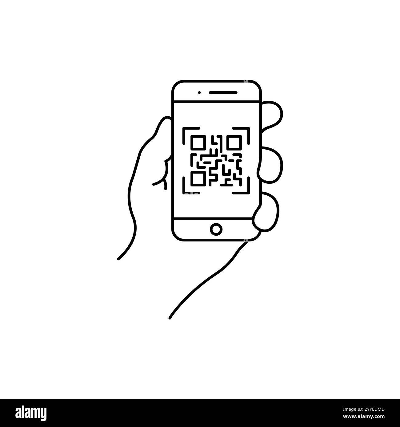 Icona codice QR. Immagine vettoriale del codice qr di scansione del telefono cellulare. Mano che tiene in mano un telefono con il simbolo dello scanner isolato. Illustrazione Vettoriale