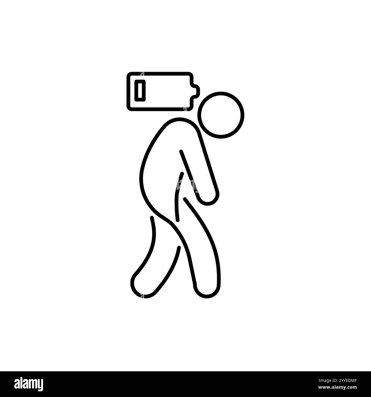 icona della persona stanca, affaticamento o esaurimento, mancanza di energia della batteria, carica insufficiente, esaurimento del luogo di lavoro, sollecitazione, simbolo di linea sottile su sfondo bianco Illustrazione Vettoriale