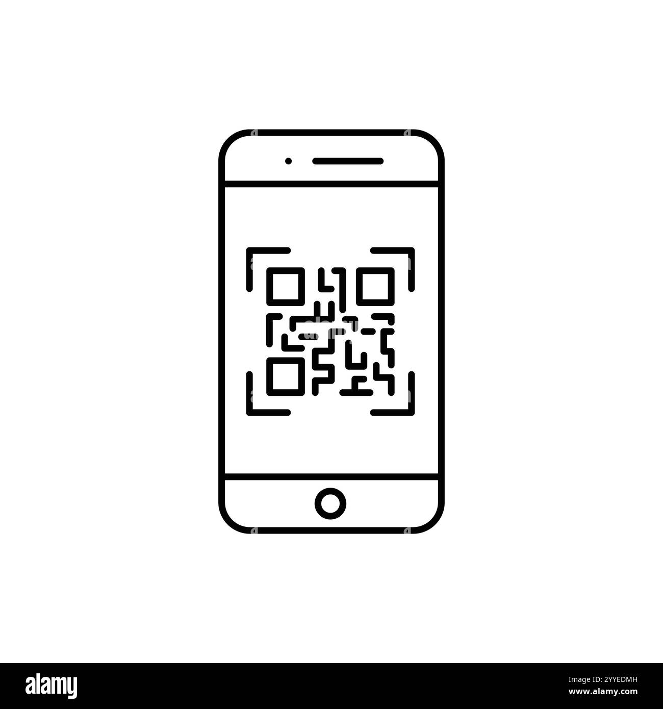 eseguire la scansione dell'icona del codice qr, dello scanner di codici a barre, dell'app del telefono, del simbolo web a linea sottile su sfondo bianco Illustrazione Vettoriale