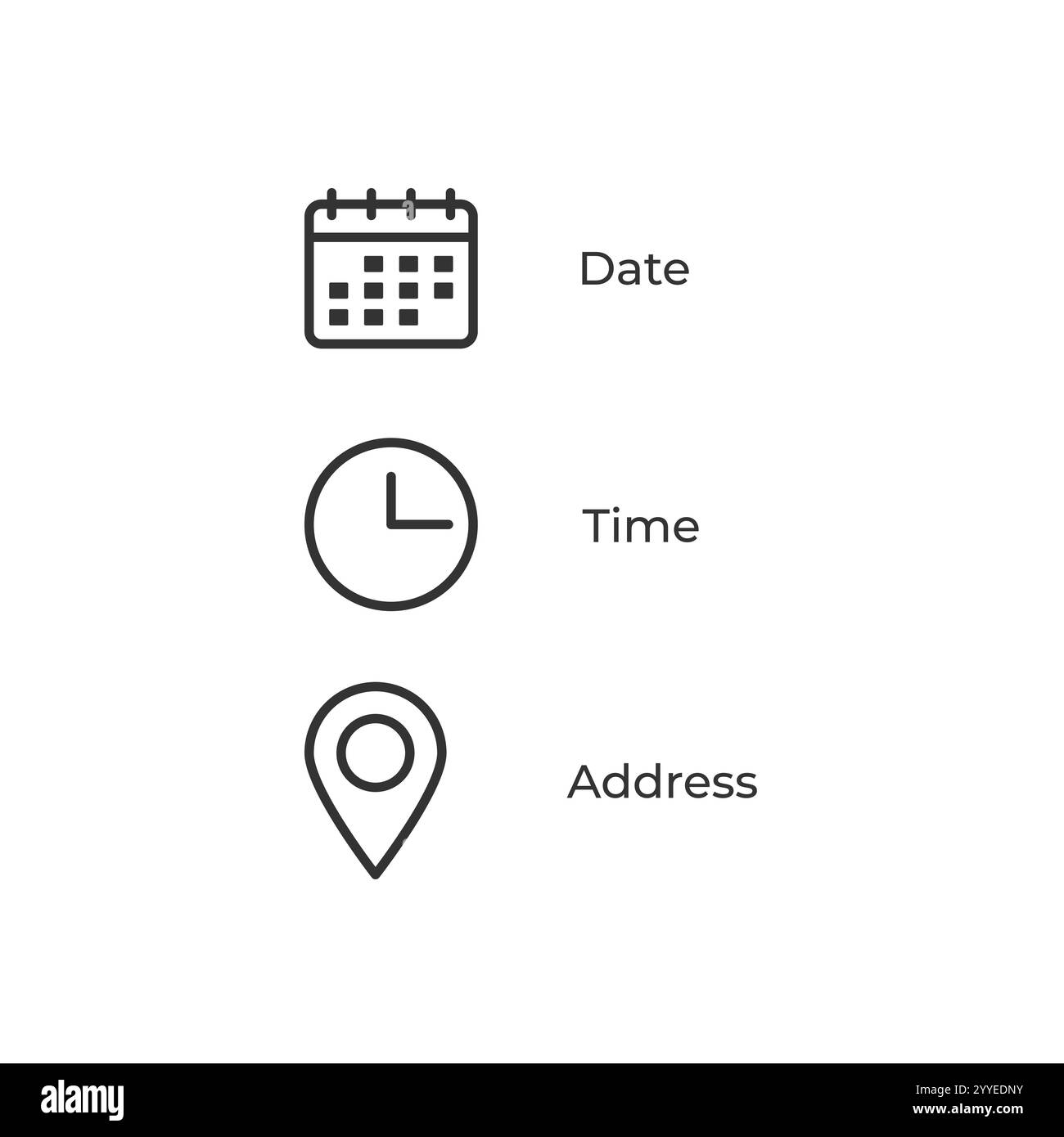 Icona di data e ora indirizzo di posizione. Calendario, orologio, simbolo della posizione. Firma progetto vettore dati eventi. Illustrazione Vettoriale