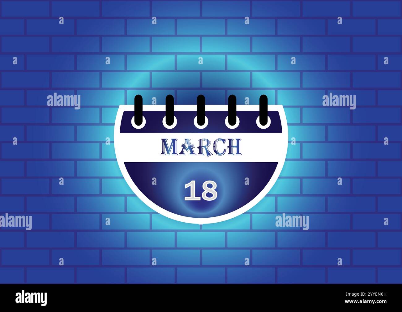 18 marzo cartello calendario su sfondo blu mattone al neon. Design piatto. Data, giorno e mese. Illustrazione vettoriale. Illustrazione Vettoriale