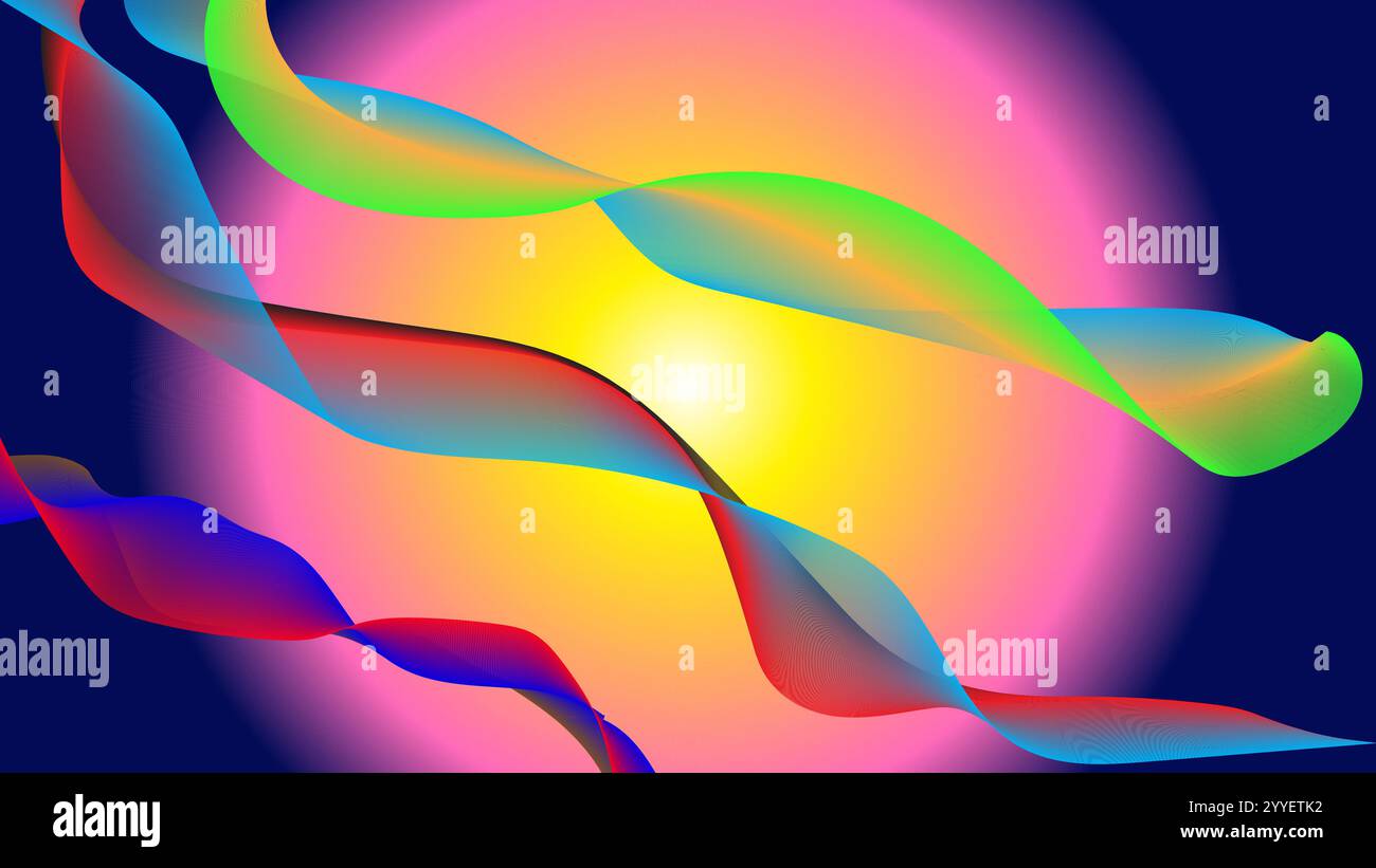 Sfondo astratto blu rosa giallo radiale con strisce di carta da parati blu verde giallo ondulato. Illustrazione Vettoriale
