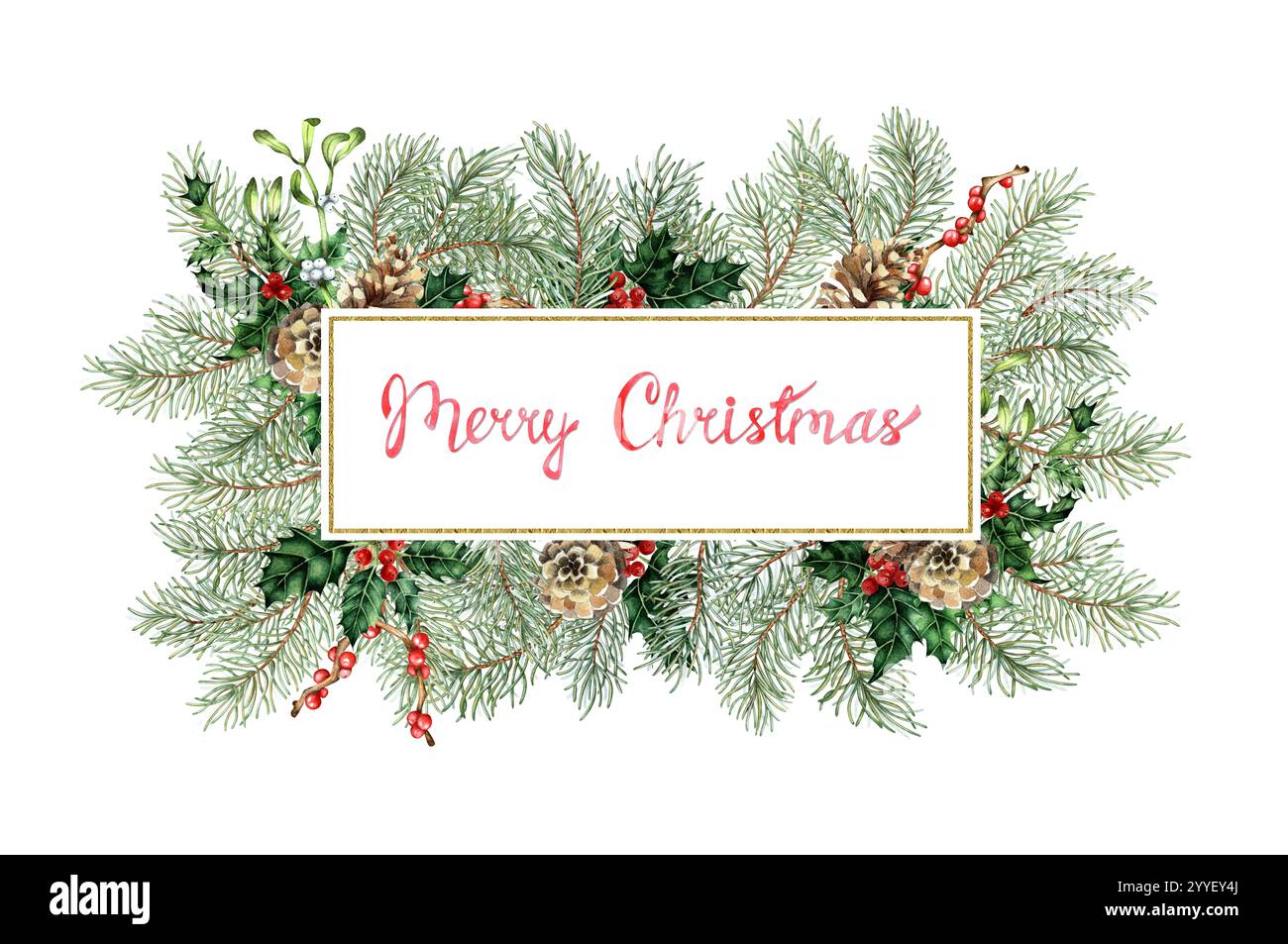 Lettere rosse di buon Natale con rami di abete, coni di pino, punta, bacche e coni banner di Capodanno illustrazione acquerello. Confine con la p. Invernale Foto Stock