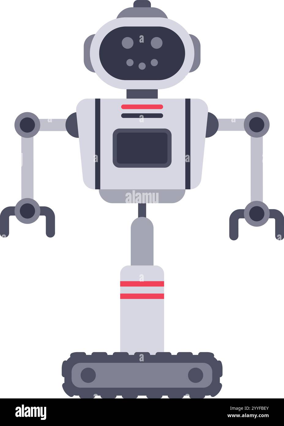 Robot moderno in piedi su binari del carro armato, con intelligenza artificiale e tecnologia avanzata, che rappresentano il futuro della robotica e dell'automazione Illustrazione Vettoriale