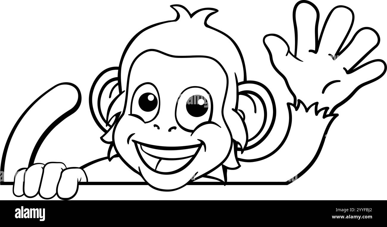 Monkey Cartoon animale segno dietro sventolando Illustrazione Vettoriale