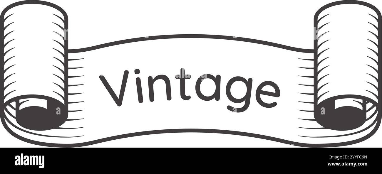 Elemento di design vintage a spirale per striscioni a nastro per decorazioni con la parola vintage, perfetto per aggiungere un tocco di stile classico ai disegni Illustrazione Vettoriale