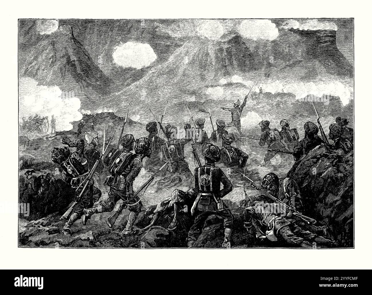 Una vecchia incisione di una carica britannica nella battaglia di Ali Masjid, il punto più stretto del passo Khyber, Khyber Pakhtunkhwa, Pakistan, Asia, il 21 novembre 1878. È tratto da un libro di storia vittoriana del 1900 circa. Questa fu la battaglia di apertura della seconda guerra anglo-afghana tra le forze britanniche e indiane, sotto il tenente generale Sir Samuel James Browne, e le forze afghane, sotto il comando di Ghulam Haider Khan. Nonostante le numerose battute d'arresto, tra cui metà delle truppe perse o in ritardo e mancando completamente la battaglia, gli inglesi furono fortunati che gli afghani abbandonarono la loro posizione durante la notte. Foto Stock