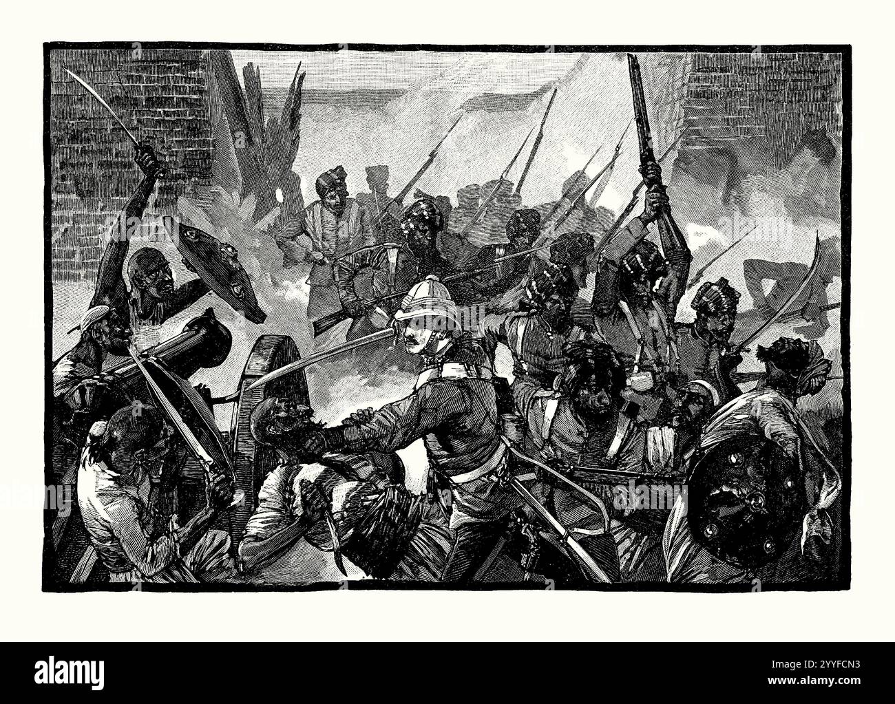 Una vecchia incisione dell'assedio della residenza britannica a Kabul (Cabul), Afghanistan, Asia, 3 settembre 1879 durante la seconda guerra anglo-afghana (1878-80). È tratto da un libro di storia vittoriana del 1900 circa. Sir Louis Cavagnari, e altri membri della sua missione furono massacrati dopo un assedio di 8 ore da truppe afghane ammutinate all'interno del loro complesso. Dopo che tutti gli ufficiali britannici furono uccisi, gli afghani offrirono ai soldati musulmani la possibilità di arrendersi, ma la loro offerta fu rifiutata. Foto Stock