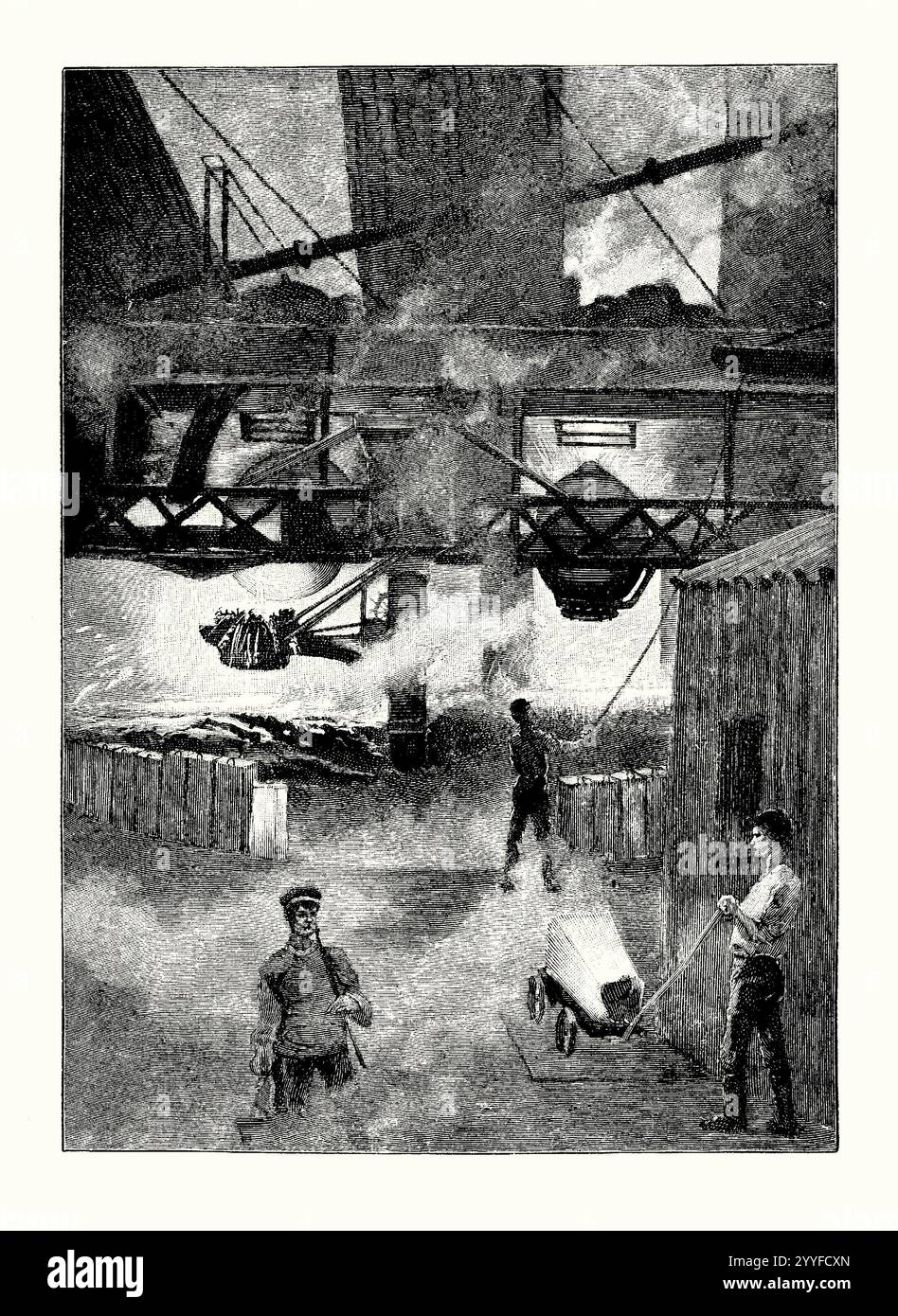 Un'antica incisione di uomini in condizioni di lavoro calde in una fonderia che produce acciaio utilizzando il processo Bessemer alla fine degli anni '1800 È tratto da un libro di storia vittoriana del 1900 circa. Il processo di Bessemer fu il primo processo industriale economico per la produzione di massa di acciaio dalla ghisa. La rimozione delle impurità dal ferro avviene mediante ossidazione con aria soffiata attraverso il ferro fuso. L'ossidazione aumenta anche la temperatura della massa di ferro e la mantiene fusa. Prende il nome dal suo inventore, l'inglese Henry Bessemer (1812-1898), che prese il suo brevetto nel 1856. Foto Stock