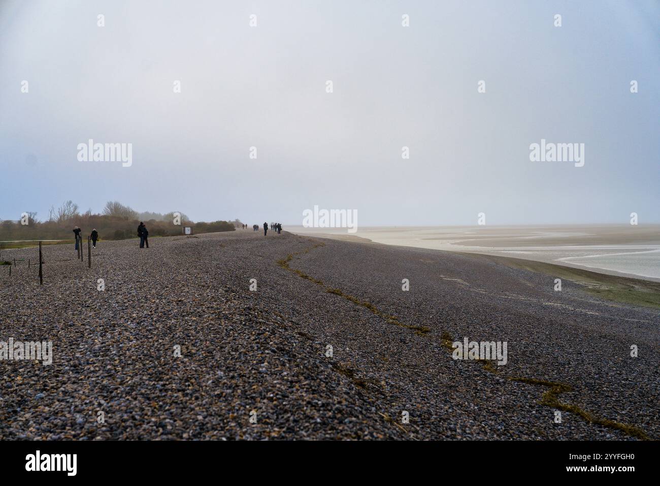 Cammina lungo la spiaggia di ciottoli sotto un cielo nuvoloso con la bassa marea vicino a una zona costiera Foto Stock