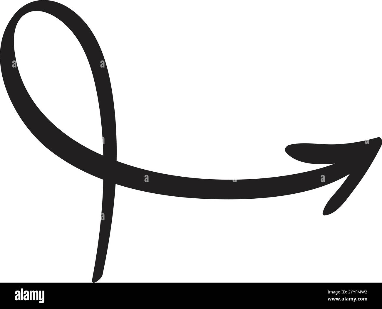 Semplice freccia nera disegnata a mano rivolta verso destra, con un loop all'inizio, isolata su sfondo bianco, ideale per la visualizzazione Illustrazione Vettoriale