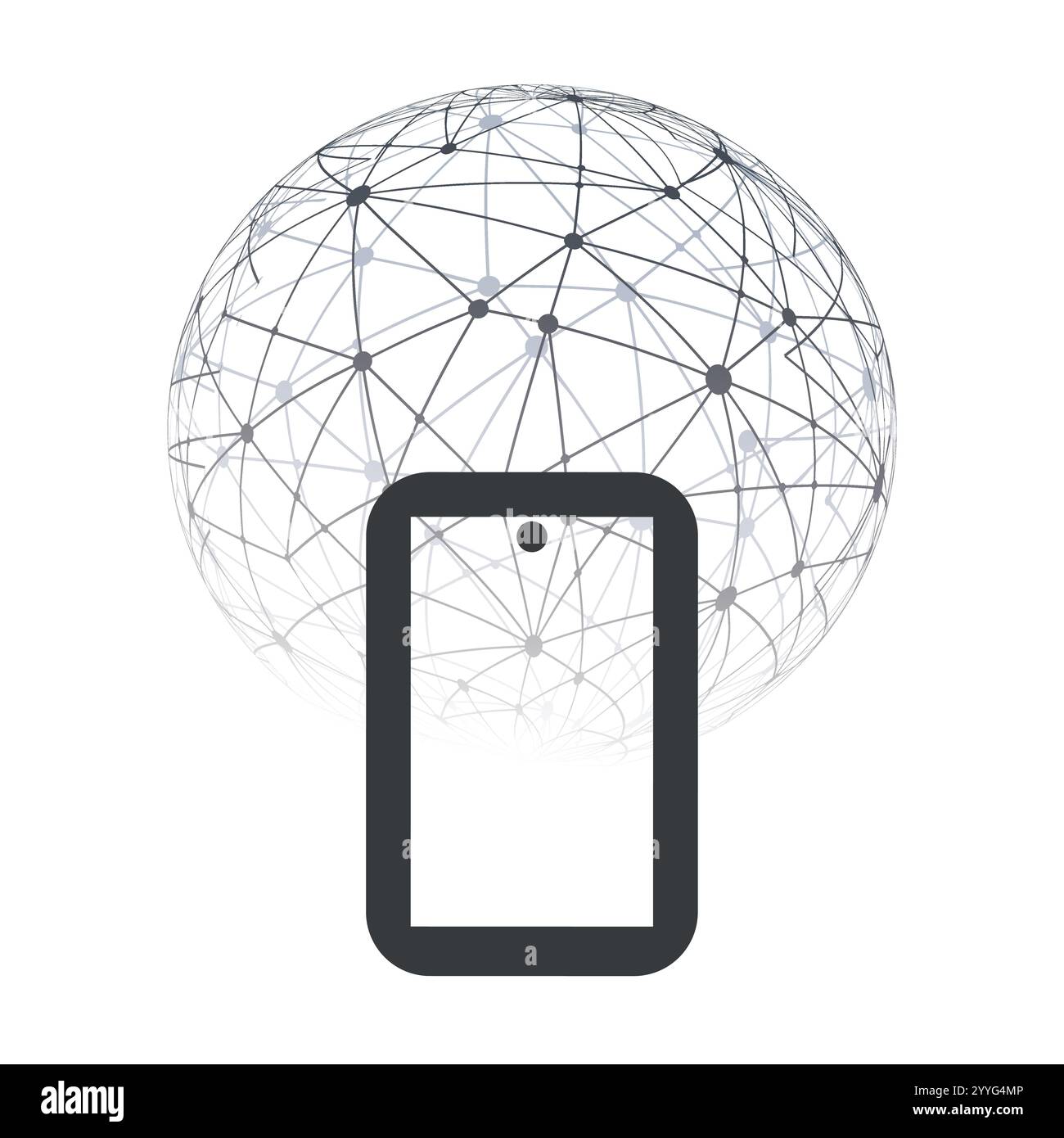 Progettazione del concetto di cloud computing astratto e connessioni di rete globali con Mesh Globe, dispositivo mobile wireless, Geometric Mesh trasparente su White Ba Illustrazione Vettoriale