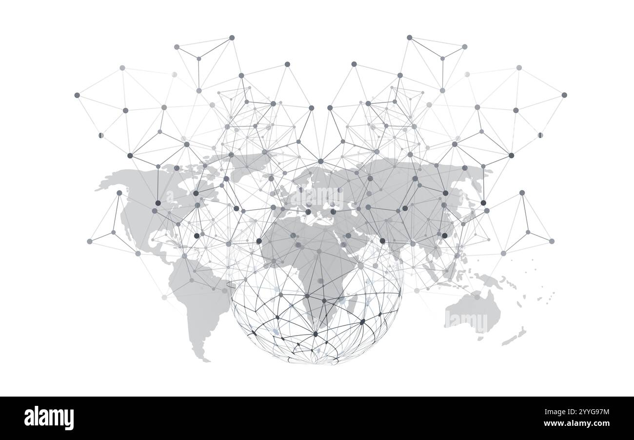 Concetto di reti globali in bianco e nero con mappa del mondo e struttura metallica - connessioni di rete poligonale digitali, background scientifico e tecnologico, Crea Illustrazione Vettoriale