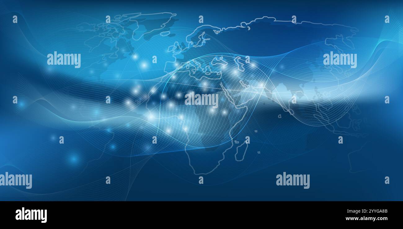 Abstract Dark Blue Modern Minimal Style Future Technology, Global Networks Structure, Telecommunications Concept Design con Geometri ondulato trasparente Illustrazione Vettoriale