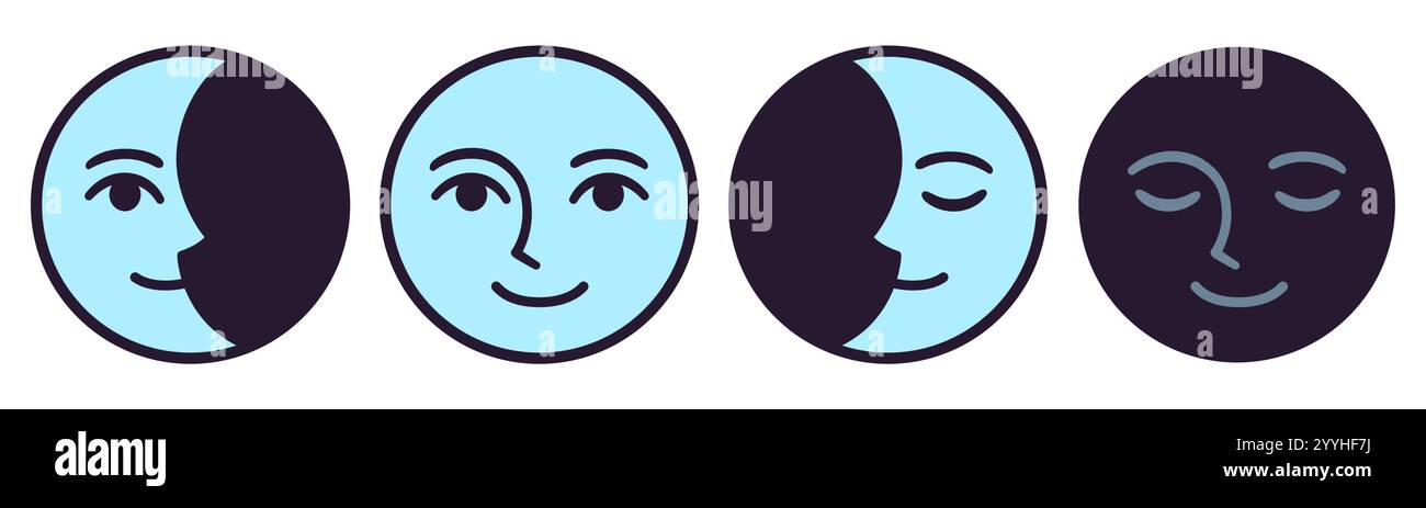 Fasi lunari con un semplice volto sorridente, ambientato in un moderno stile cartoni animati. Illustrazione grafica clip vettoriale. Illustrazione Vettoriale