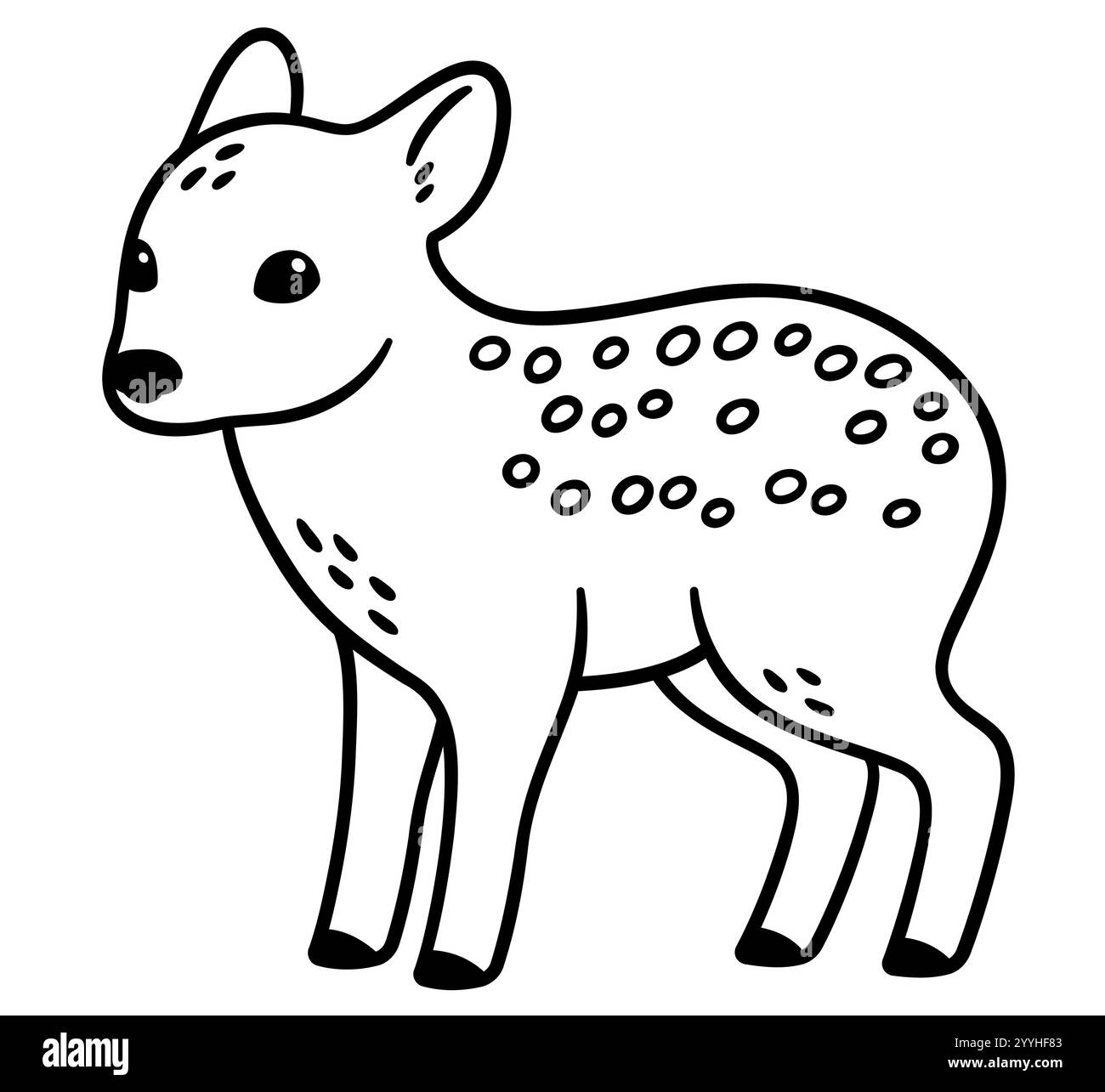 Baby Pudu, piccolo cervo sudamericano. Disegno di linee in bianco e nero. Simpatica illustrazione vettoriale dei cartoni animati. Illustrazione Vettoriale