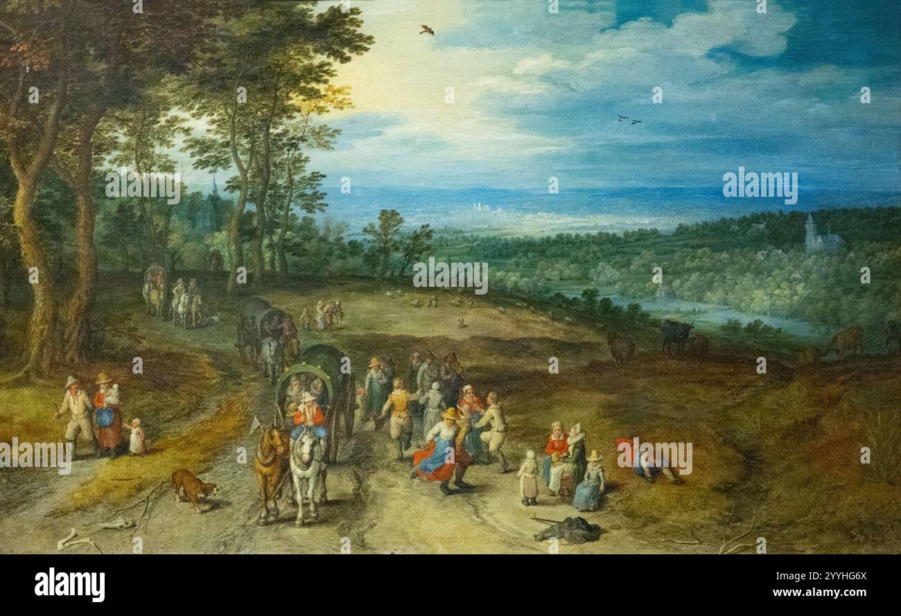 Jan Brueghel il Vecchio, paesaggio con viaggiatori e contadini su una pista, 1610. Jan Brueghel il Vecchio, pittore fiammingo del XVII secolo; 1600 Foto Stock