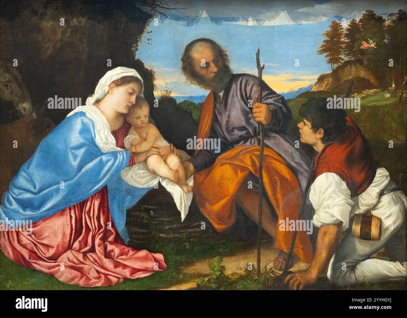Pittura Tiziano 'la Sacra famiglia con un pastore' 1510; pittura rinascimentale italiana dell'inizio del XVI secolo; Galleria Nazionale. Foto Stock