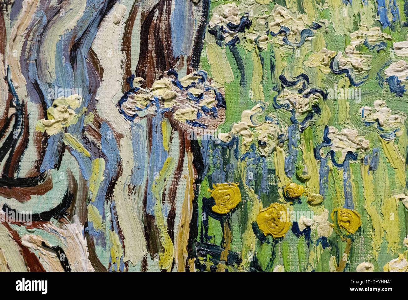 Primo piano dai tronchi di Van Gogh in The Grass 1890; per mostrare tratti di pennello, tecnica e stile di pittura di Vincent Van Gogh Foto Stock
