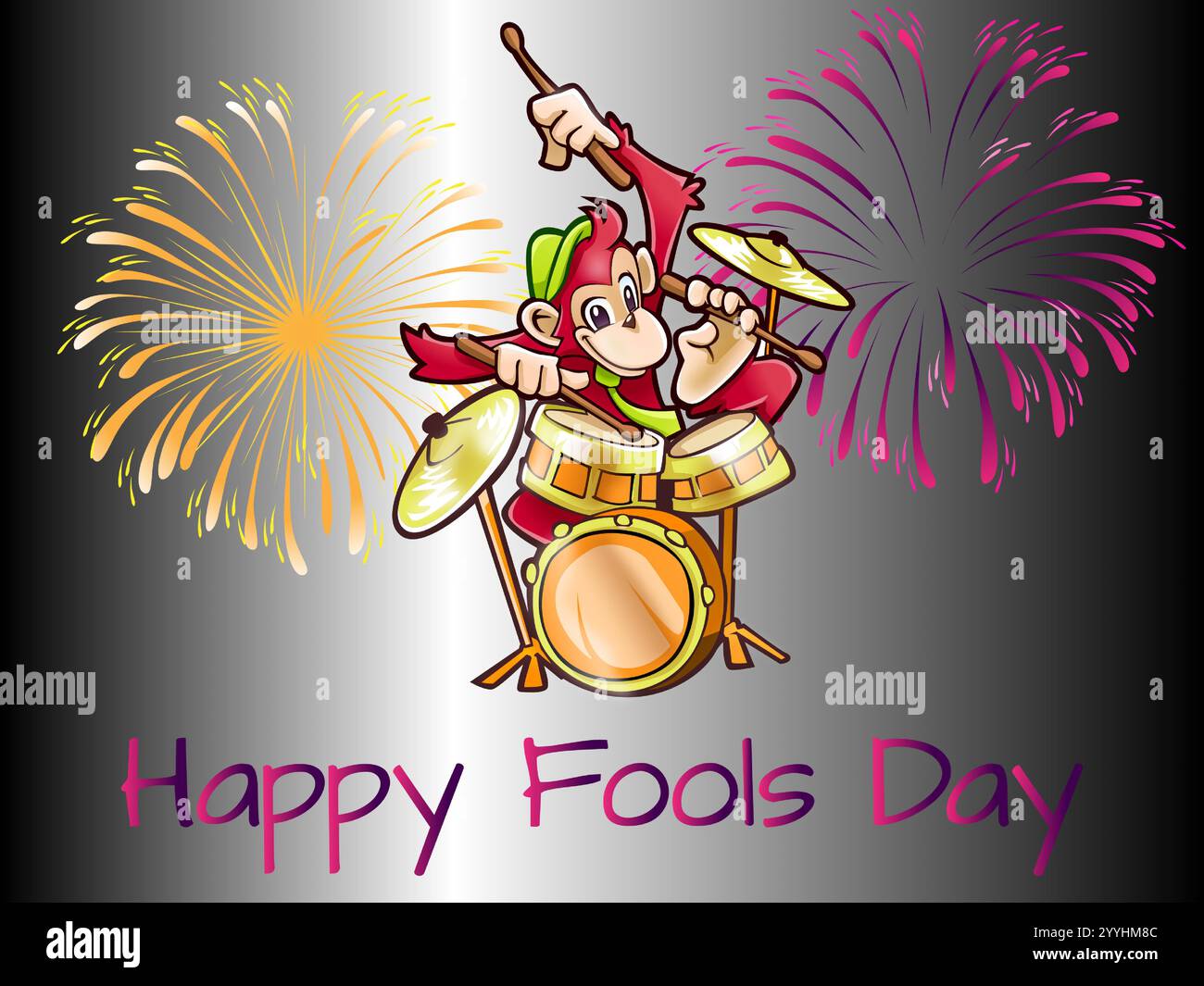 Monkey sta suonando la batteria e lo sfondo ha i fuochi d'artificio. L'immagine è per l'Happy Fools Day. Giocosa April Fools Day Humour Happiness Joy Bizarre Event Illustrazione Vettoriale