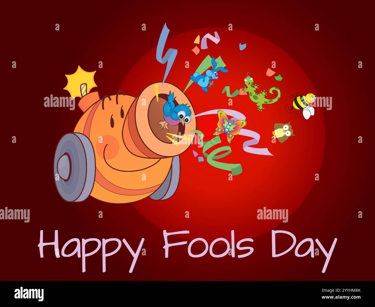 Cartone animato di un cannone con vari animali al suo interno, come uccelli, farfalle e un'ape. Giocosa April Fools Day Humour Happiness Joy Bizarre Event Illustrazione Vettoriale