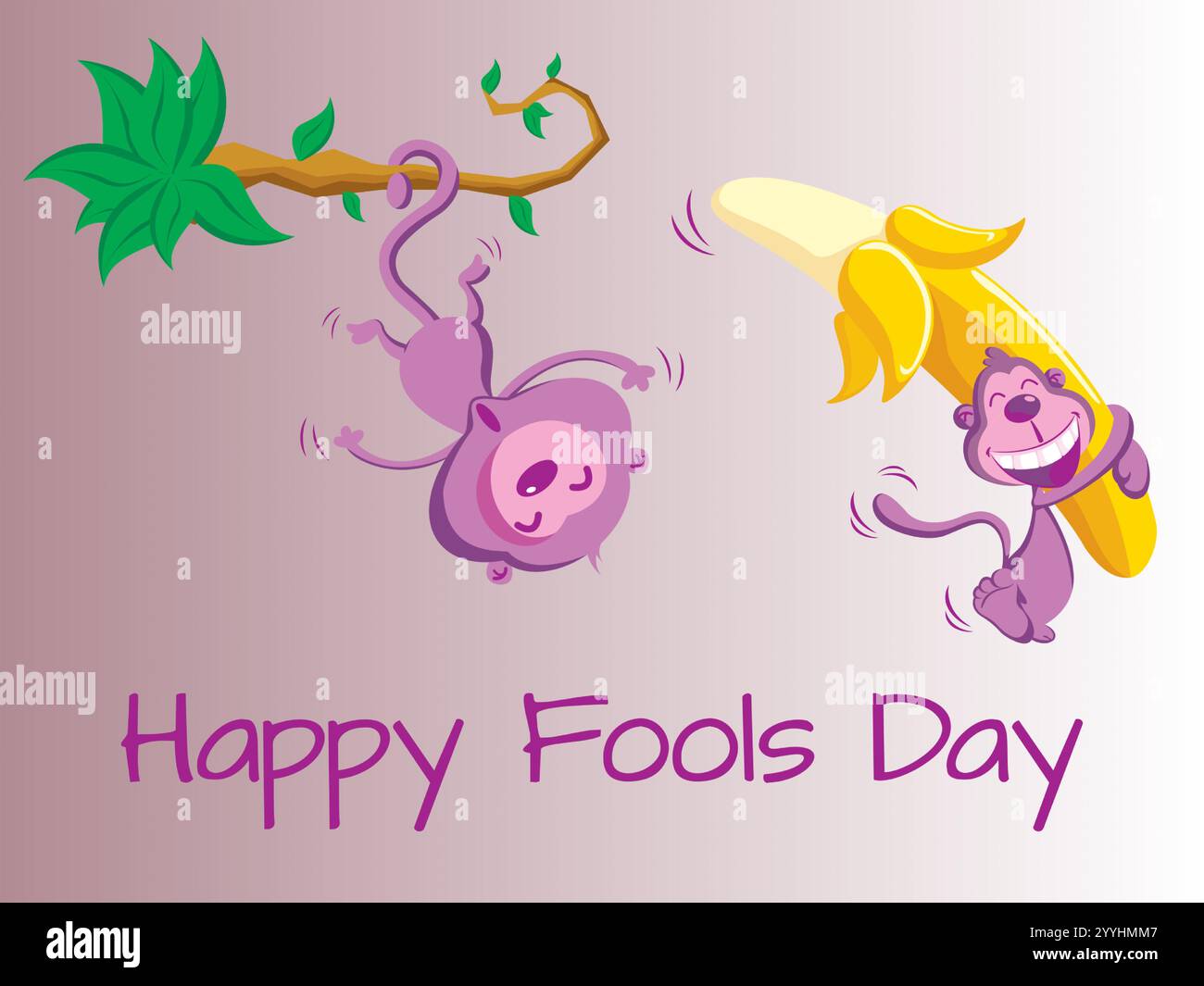 Cartone animato di due scimmie che tengono una banana e sorridono. La didascalia è Happy Fools Day. L'immagine è spensierata e divertente. Divertente umorismo del giorno dell'April Fools Illustrazione Vettoriale