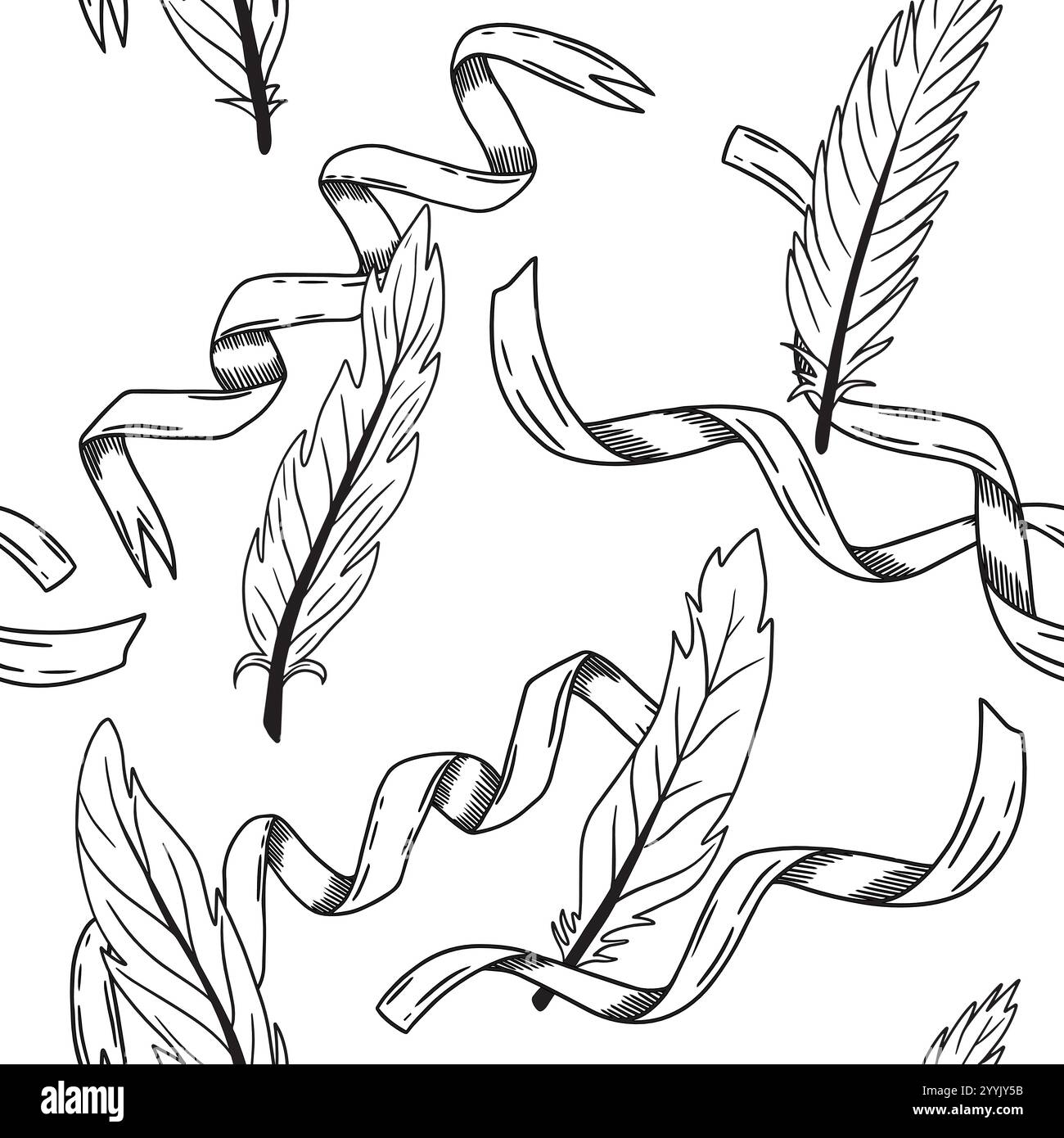 Questo elegante motivo bianco e nero presenta splendide piume e nastri, perfetti per progetti creativi. Grafica vettoriale disegnata a mano in disegni in linea per la stampa su carta e tessuto. Illustrazione Vettoriale