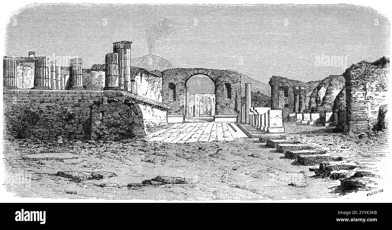 Il foro Romano nell'antica città romana di Pompei o Pompei Napoli Italia. Incisione vintage o storica o illustrazione 1864 Foto Stock