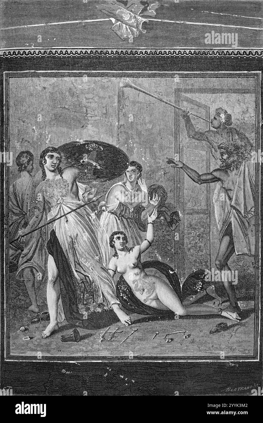 Pittura murale o affresco di Achille e Figlie di Licomede di Sciro nella casa di Paquio Proculo nell'antica città romana di Pompei, Pompei Napoli Italia. Illustrazione o incisione vintage o storica 1864 Foto Stock