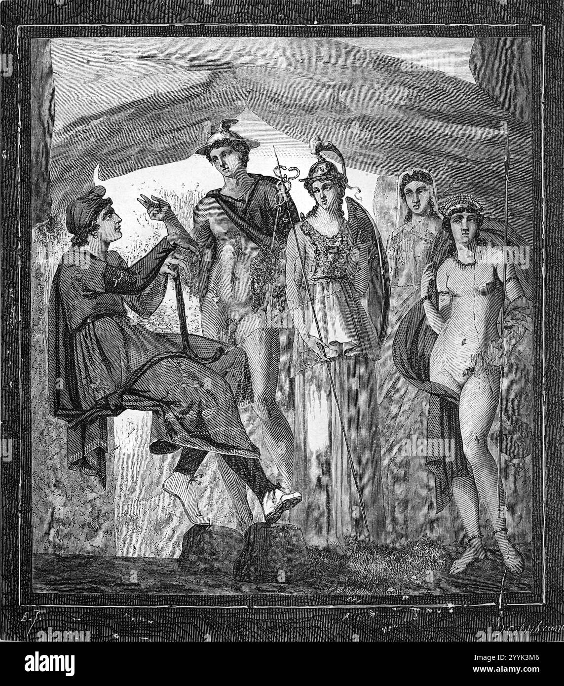 Pittura murale o freco del giudizio di Parigi nella casa di Paquius Proculus nell'antica città romana di Pompei, Pompei Napoli Italia. Illustrazione o incisione vintage o storica 1864 Foto Stock
