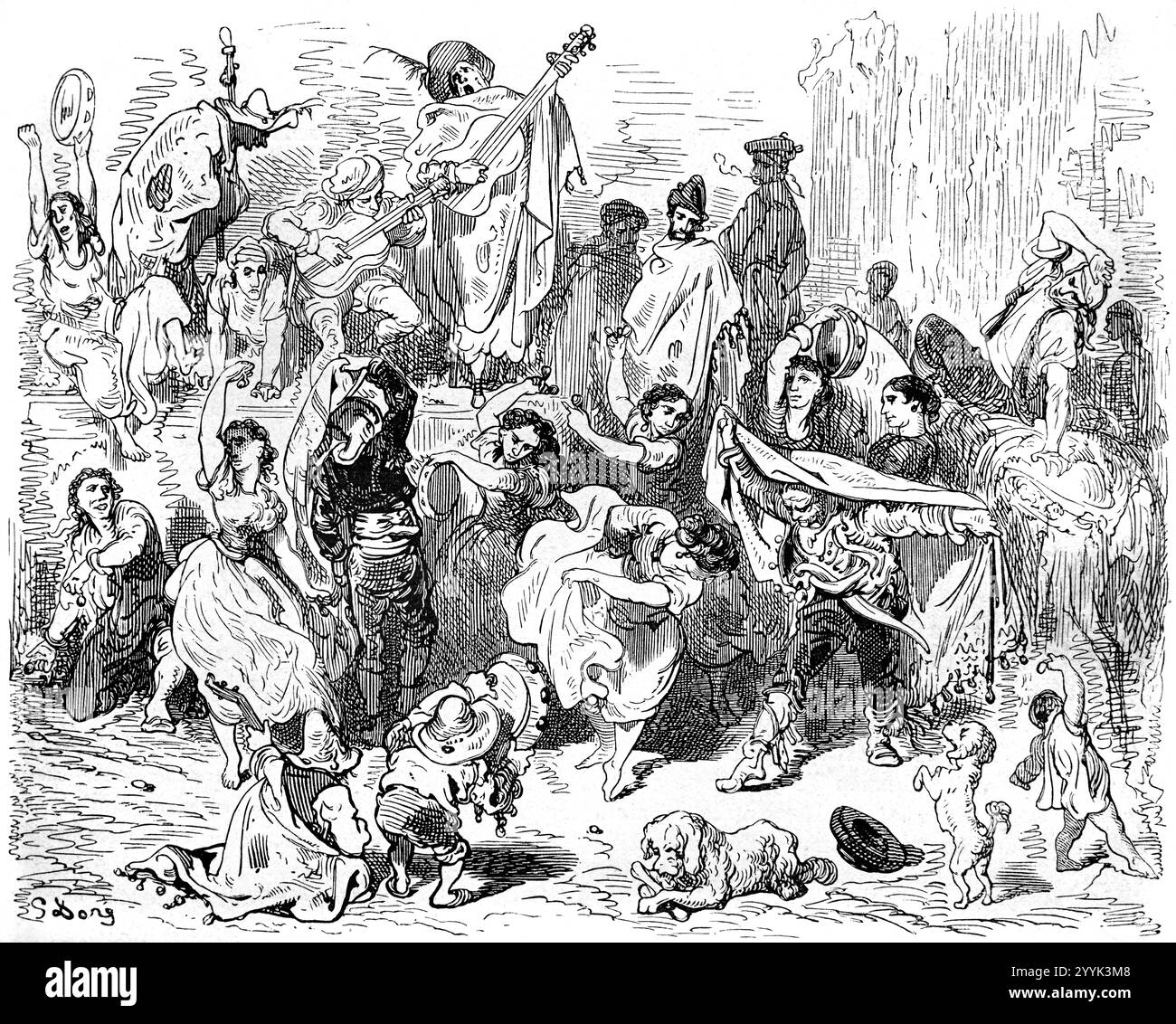 Festival di strada o Carnevale ad Alcoy Alicante, Spagna. Incisione vintage o storica o illustrazione di Gustave Doré 1864 Foto Stock