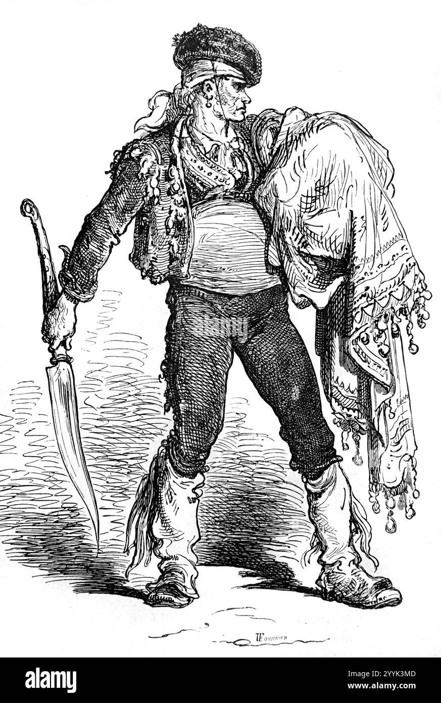 Matador o Bullfighter che brandisce un grande coltello Navaja precedentemente utilizzato in Bull Fighting e in Street Fights in Spagna. Incisione vintage o storica o illustrazione di Gustave Doré 1864 Foto Stock