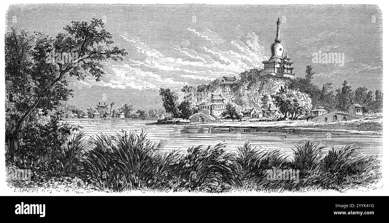 Veduta del Mausoleo si o Siling, del Monumento funerario o Memoriale, parte del complesso delle Tombe Ming, dell'ultimo Imperatore Ming, dell'Imperatore Chonzhen, alias kHU Youjian o Deyue, Pechino o Pechino Cina. Incisione vintage o storica o illustrazione 1964 Foto Stock