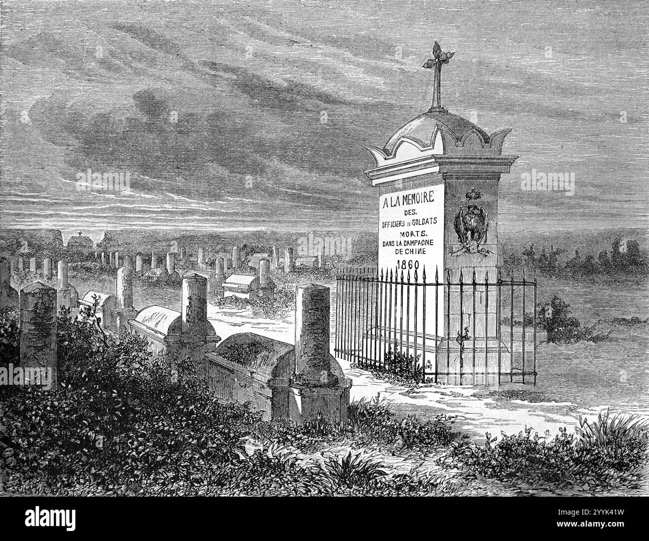 Cimitero francese e commemorazione commemorativa dei soldati francesi uccisi in azione in Cina durante le guerre dell'oppio, in particolare la seconda guerra dell'oppio (1856-1860) Pechino o Pechino. Incisione vintage o storica o illustrazione 1864 Foto Stock