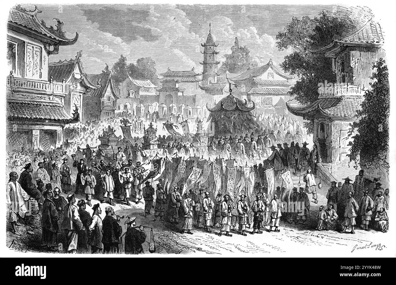 Processione di strada per il funerale del dignitario cinese di Pechino o Pechino Cina. Vintage of Historic Engraving or Illustration 1864 Foto Stock