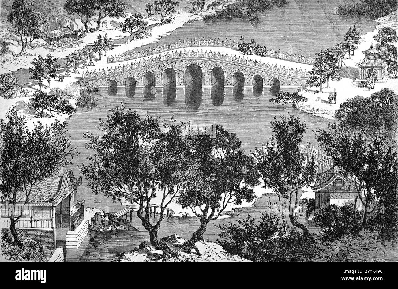 Ponte cinese e lago, cortile di rinfresco, Khio-Yuen-Fung-i o Khio Youen Foung ho, Vecchio Palazzo d'Estate noto anche come Parco Yuanmingyuan, Giardini Imperiali o Palazzo d'Inverno, Pechino o Pechino Cina. Vintage of Historic Engraving or Illustration di Emile Theroud basato sulla pittura cinese del 1864 Foto Stock