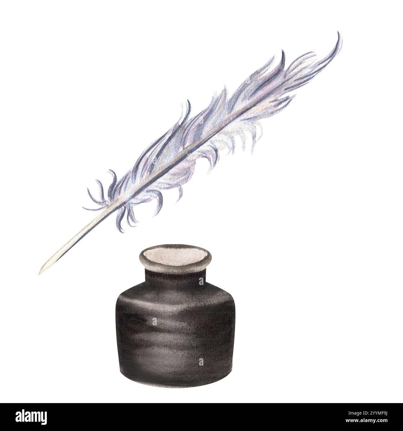 Pozzetto di inchiostro e quill acquerello per scrivere e scrivere. Pozzetto di inchiostro in vetro con penna bianca. Illustrazioni ad acquerello disegnate a mano. Per cartoline, album Foto Stock