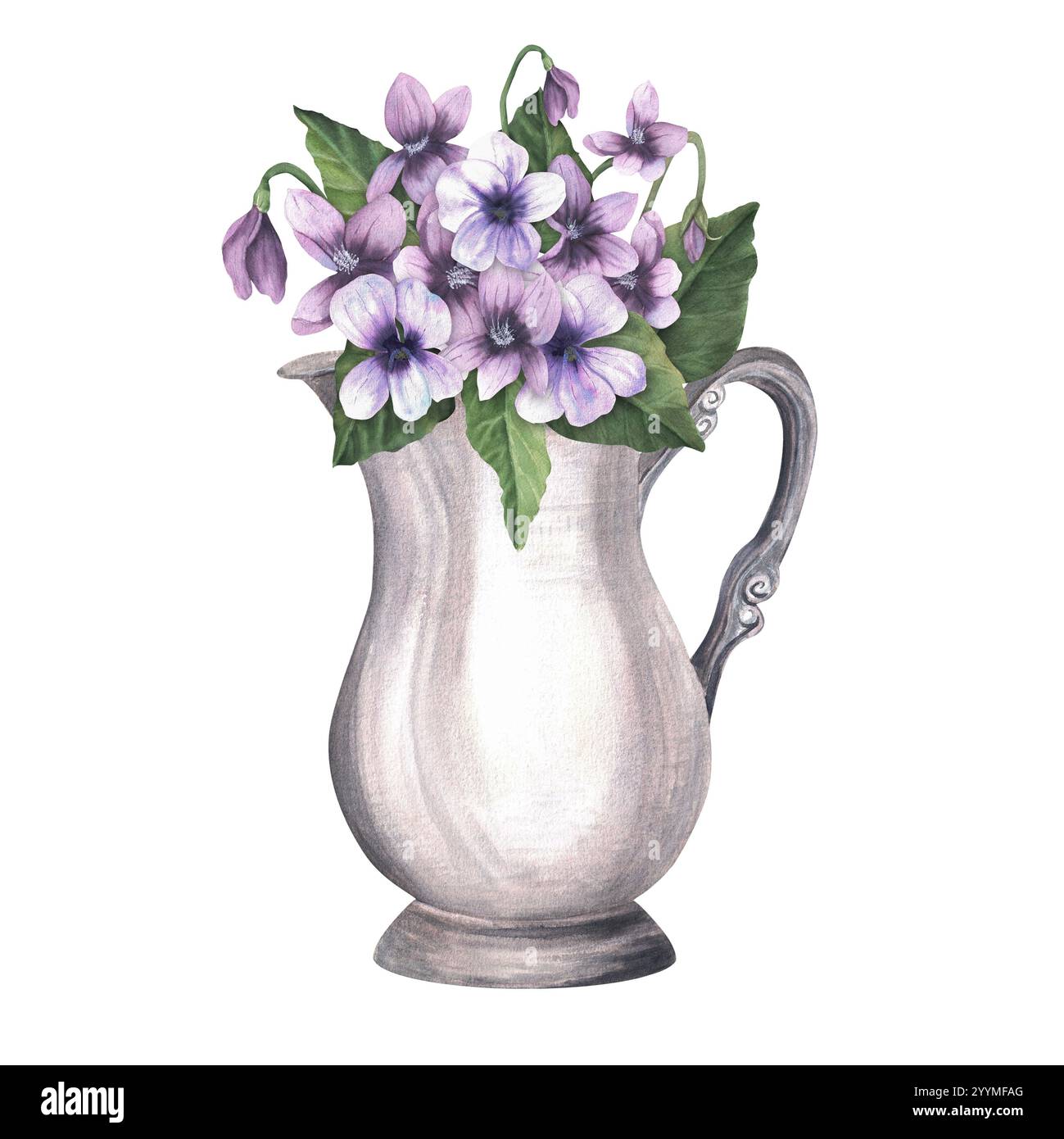 Caraffa d'argento vintage piena di viola. Vaso antico con fiori. Bouquet floreale in vaso. Illustrazione ad acquerello disegnata a mano per cartoline e scrapbookin Foto Stock