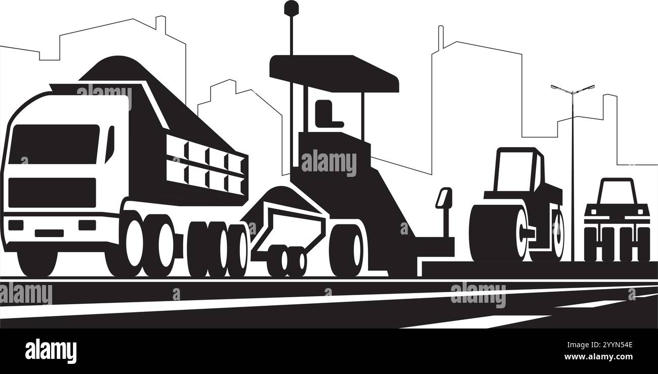 Costruzione di strade e autostrade cittadine - illustrazione vettoriale Illustrazione Vettoriale