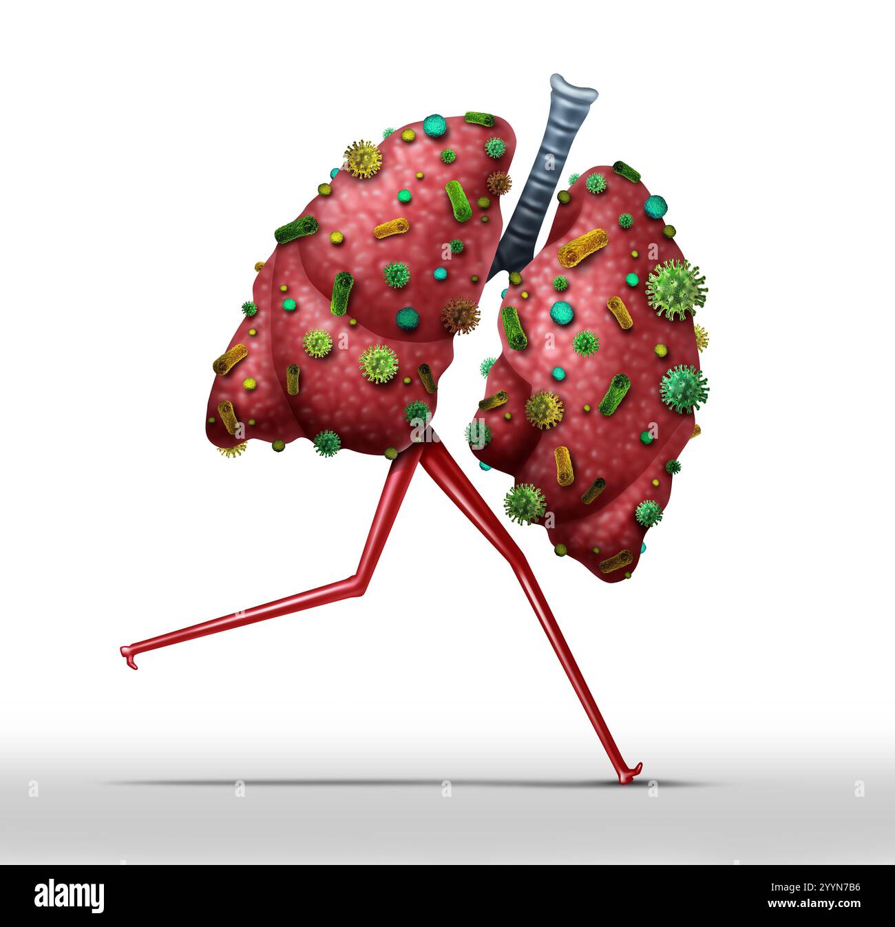 Polmonite a piedi infezione polmonare concetto medico come polmoni umani infettati da virus e batteri come diagnosi di malattia respiratoria. Foto Stock